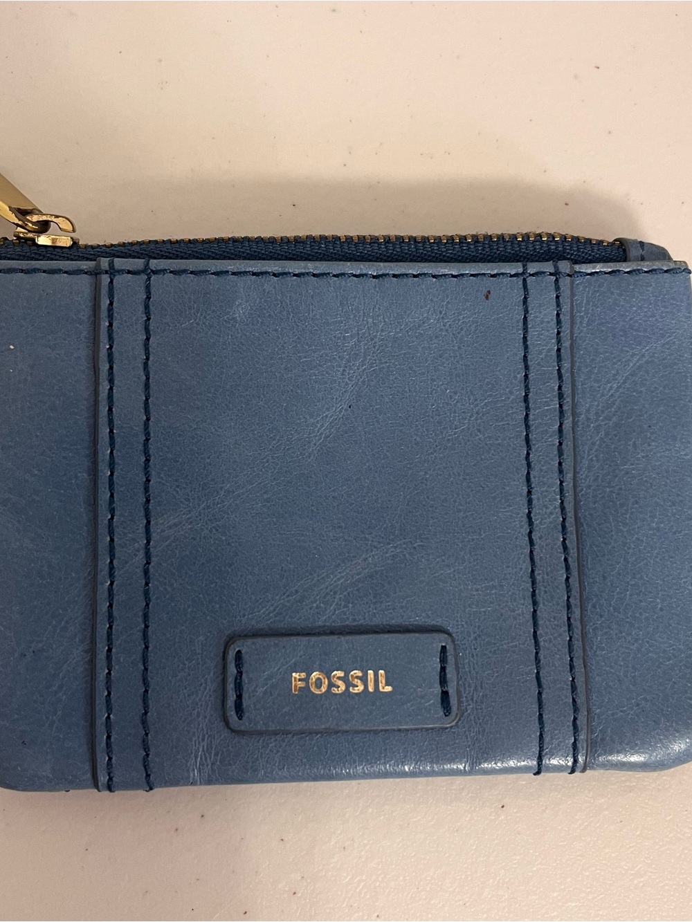 Fossil Blue Leather Zip Card Pouch with Gold Hardware